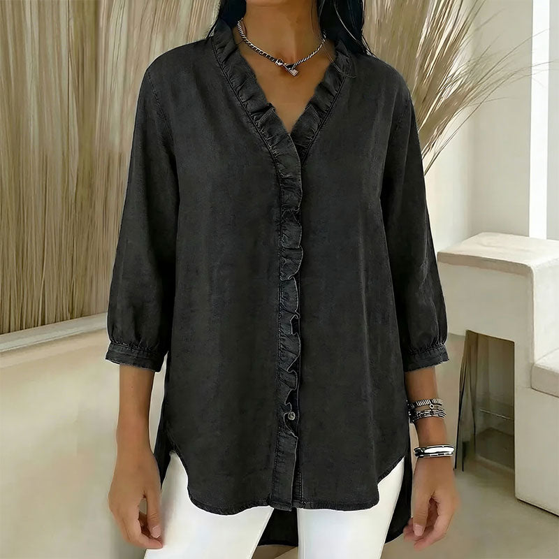 🔥 Plaćanje pouzećem ✅️【40-100kg】Ženska ležerna traper košulja s V-izrezom i volanima