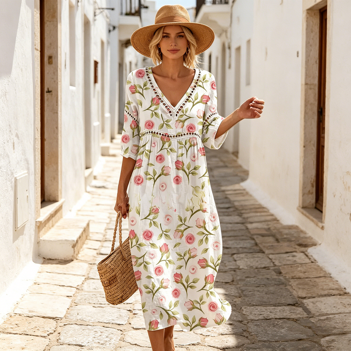 纯新品👗【S-3XL】Duga haljina od pamuka i lana s cvjetnim uzorkom u ljetnom stilu, V-izrez降过