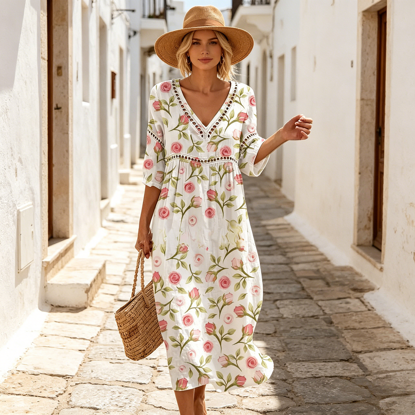 👗【S-3XL】Dlhé letné šaty z bavlny a ľanu s kvetinovou potlačou, výstrihom do V, zvýšeným pásom, voľným a priedušným strihom, zakryjú nedostatky a opticky zoštíhlia postavu.