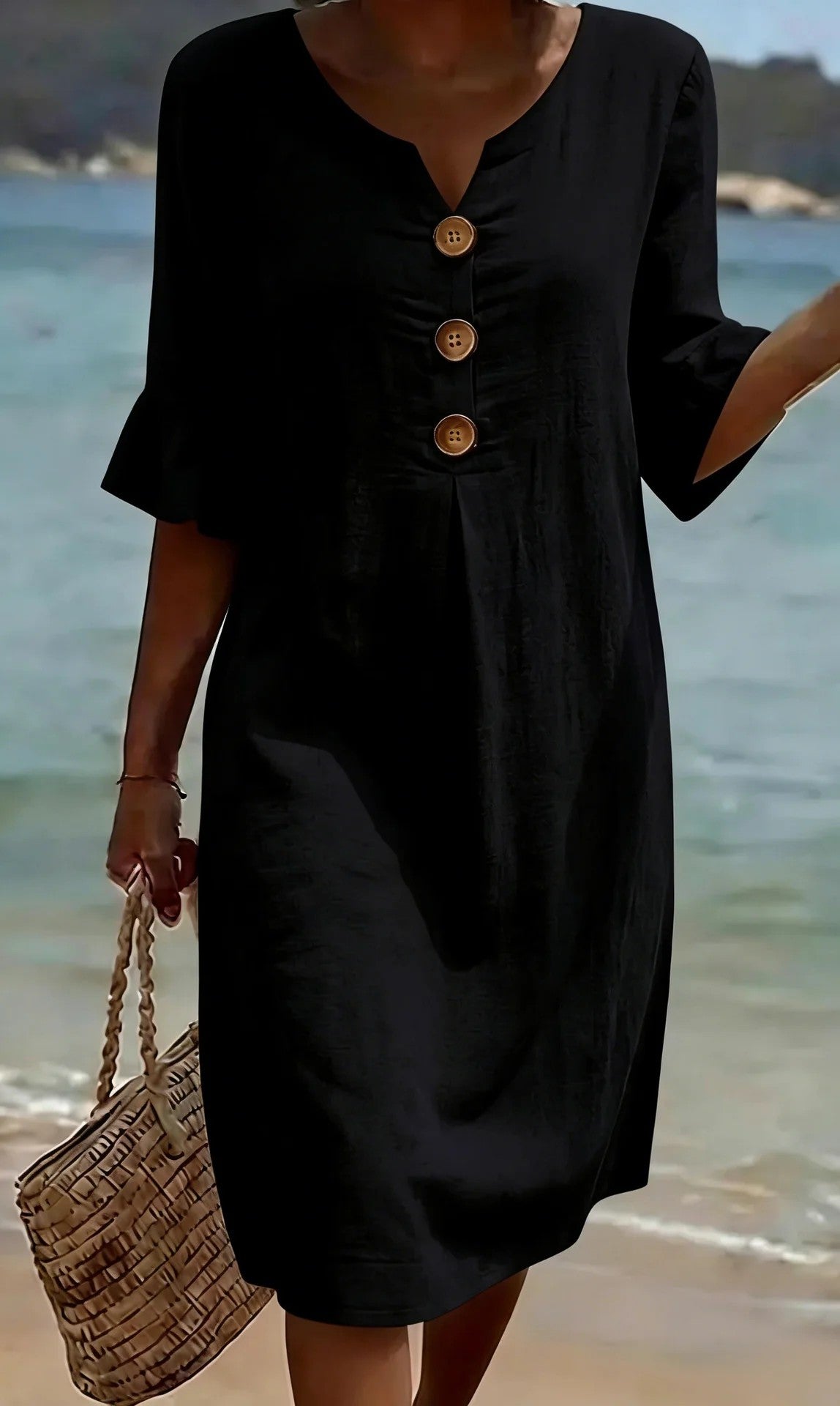 ✨【S-3XL】Vestido de lino y algodón para mujer, con mangas abullonadas y diseño con botones, corte holgado que estiliza la figura y aporta elegancia