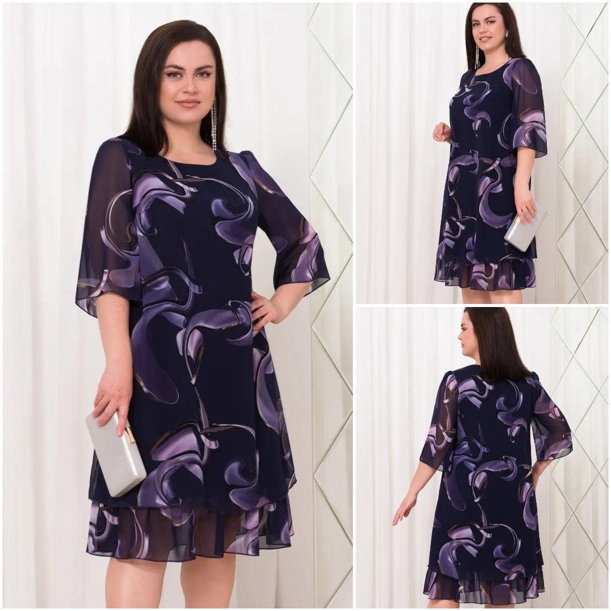 💕【S-5XL】👗Elegante vestido estampado de red con mangas de hoja de loto 3644636