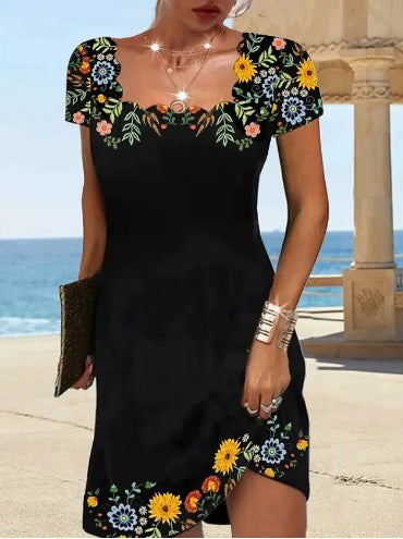 👚💖Nuevo vestido de algodón con manga corta y escote redondo en un hombro con estampado floral del 2025.