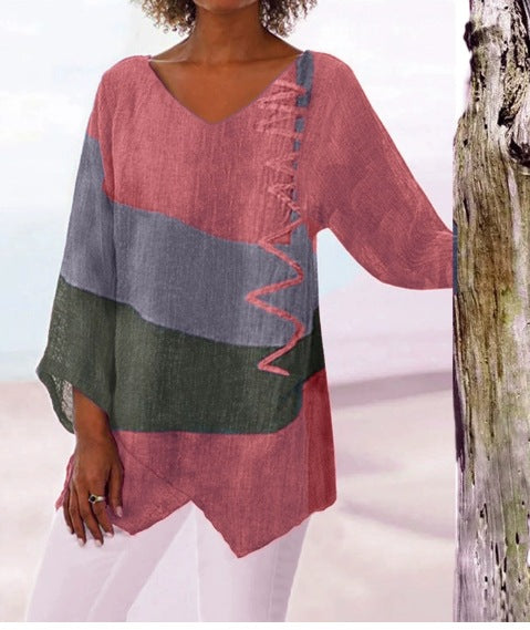 ⏳ Zadnji dan – 50% popusta 😍【S~5XL】Ženski elegantni ležerni top: V-izrez, dugi rukavi, umjetnički uzorak