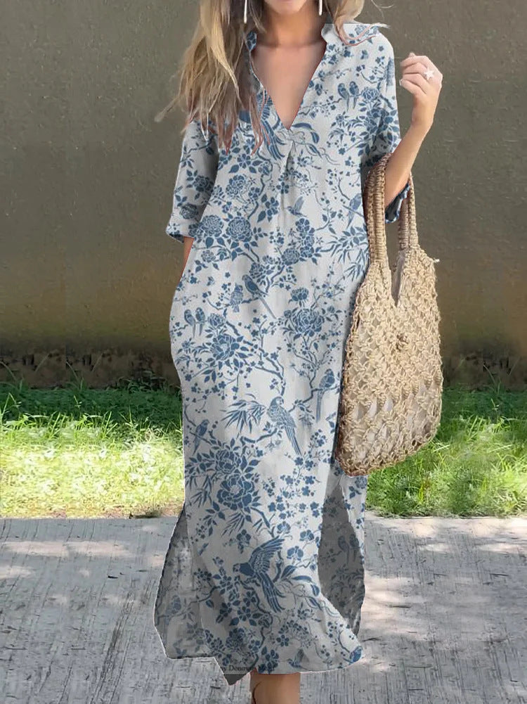 👗🌷2024 nuevo vestido casual ancho de verano con escote en V y estampado--3707073