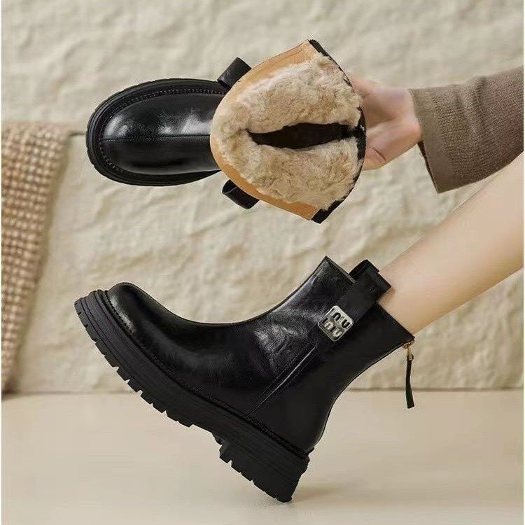 🔥Botas de invierno de piel de oveja para mujer con acolchado extra, suela más gruesa, botines cortos estilo inglés, piel auténtica suave.3840549