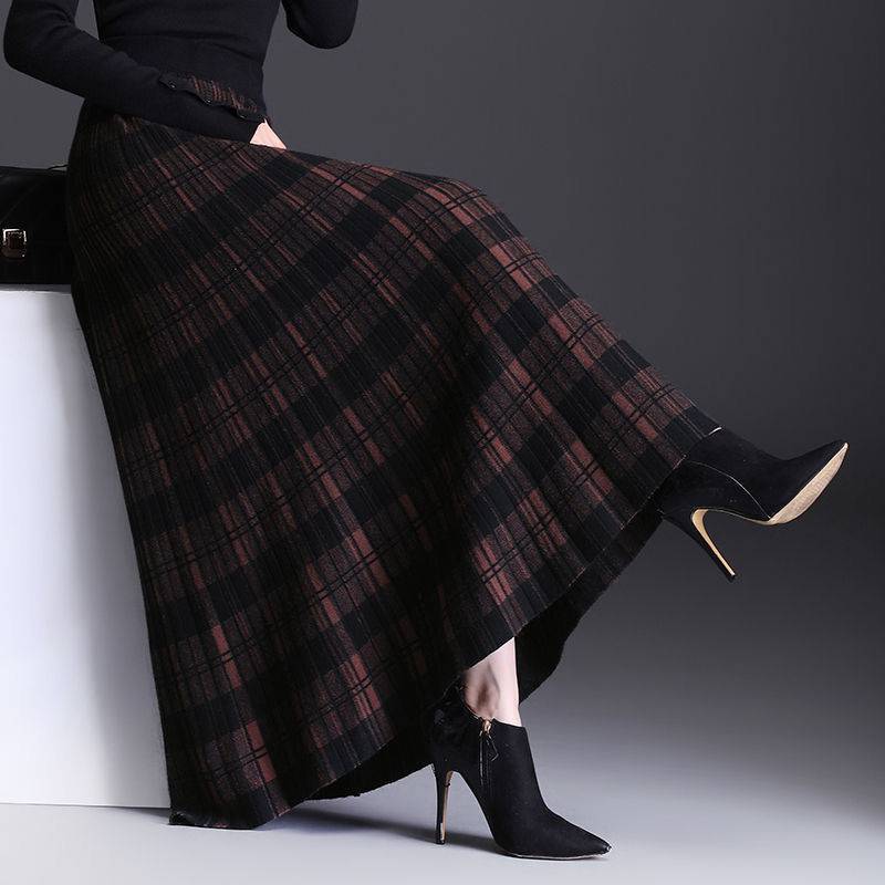 🔥🔥【M-4XL】Falda larga de lana tejida gruesa a cuadros--3761807 
