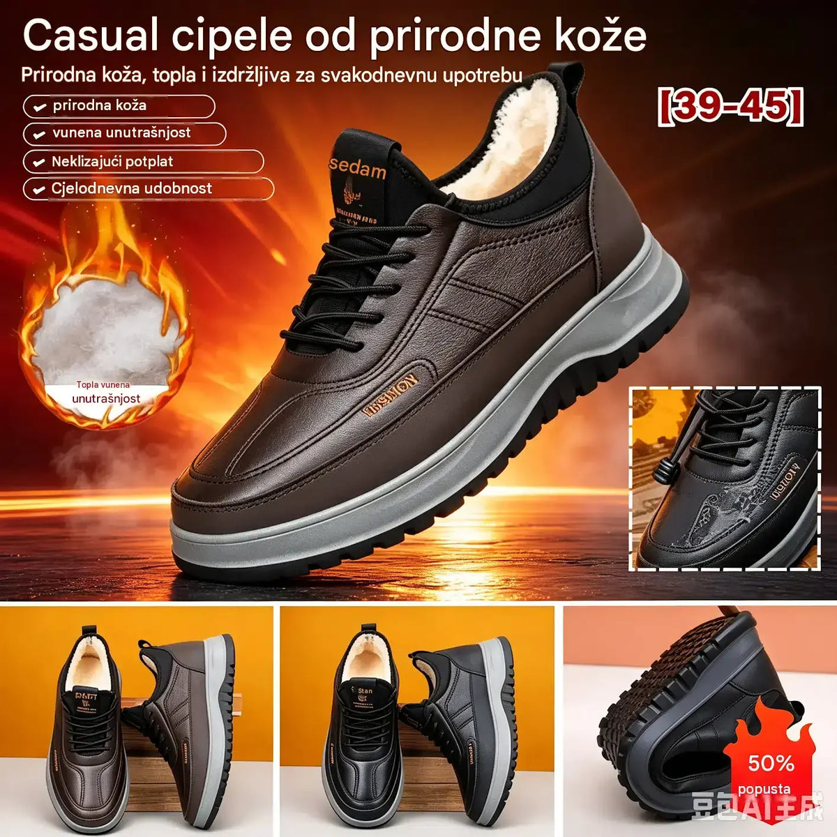 【39-45】Muške vodootporne ležerne zimske tenisice od prave kože, s mekanom podstavom od pliša – novi model