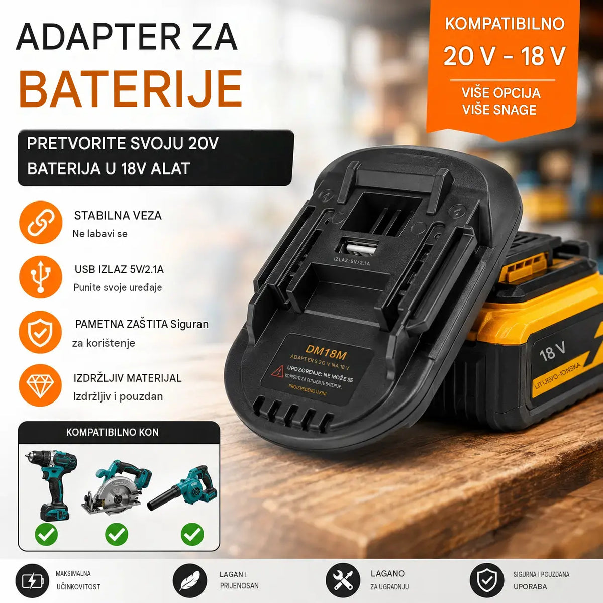 ⚡Adapter za litijeve baterije za električne alate od 18 V, jednostavno napajanje raznih alata.