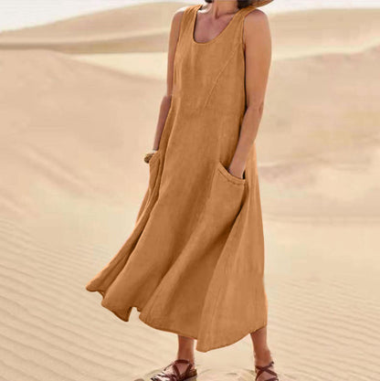 🌈【S-5XL】Nova ljetna pamučna tencel elegantna haljina bez rukava s okruglim izrezom (11 boja)