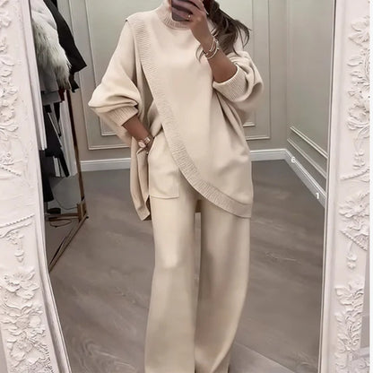 ¡49% de descuento! ¡Novedad! Conjunto de dos piezas para mujer: suéter asimétrico + pantalón ancho, corte holgado, tela suave y súper cómodo. 👚 Envío gratis.