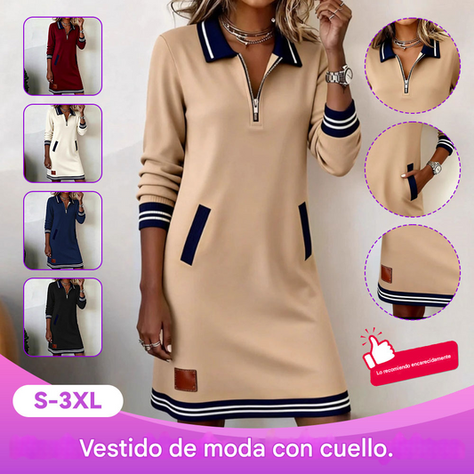 🔥🔥【40-100kg】Nueva cremallera de invierno vestido casual de cuello, manga larga y bolsillo de bloque de color