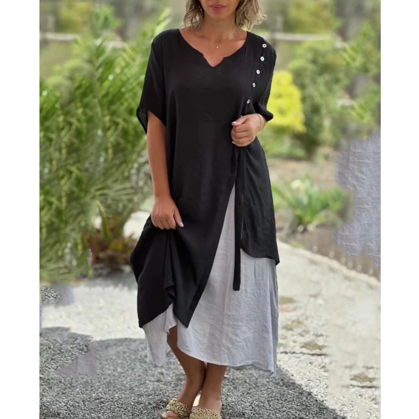 ✨【Sezonska rasprodaja】👗Nova asimetrična dvodijelna haljina s V-izrezom【S-4XL】【45-110 kg】-Besplatna dostava
