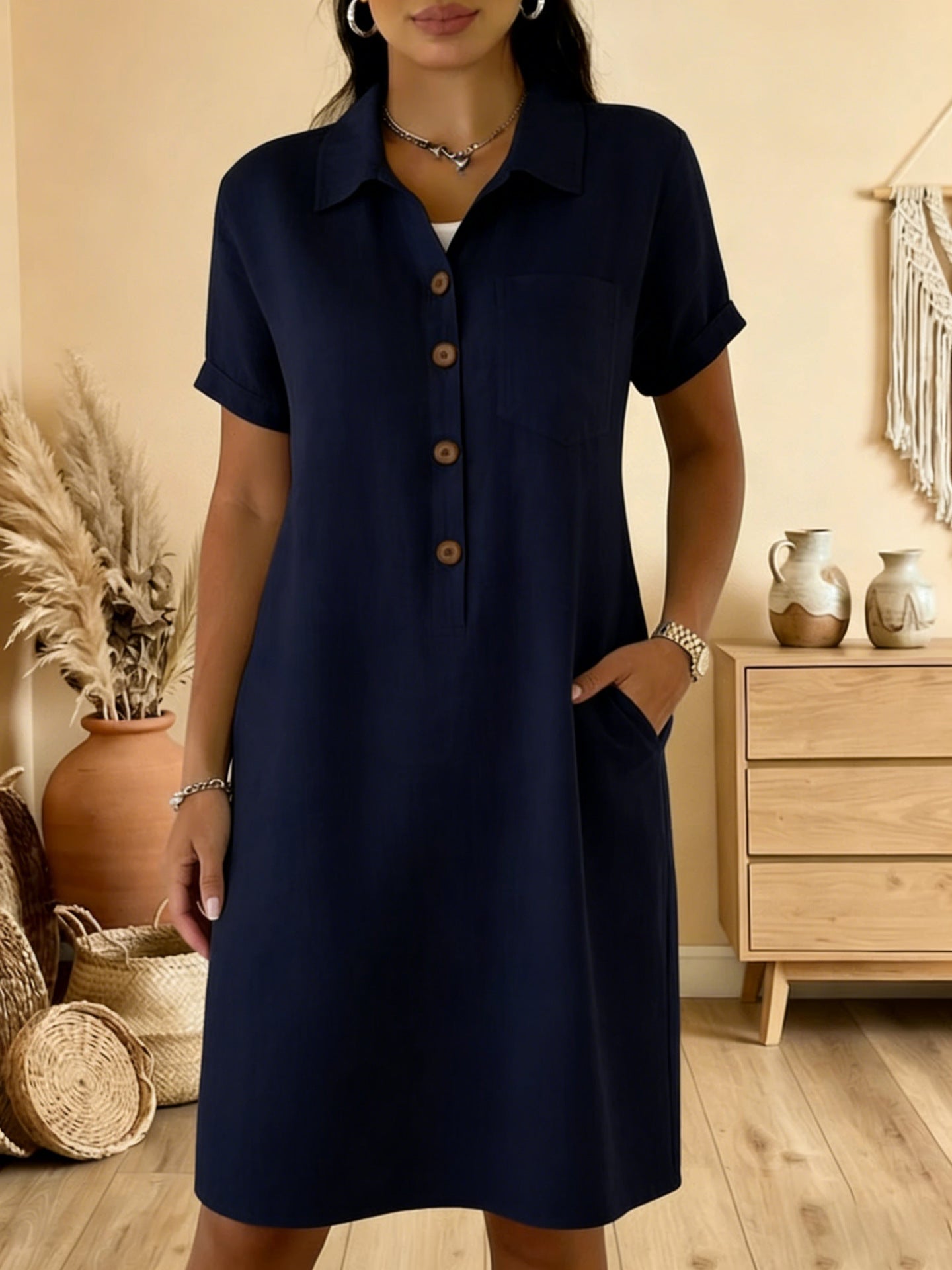 ⏰🍋【S-3XL】Ženska košulja haljina od mješavine lana i pamuka, kratki rukavi, široki kroj, s džepovima, ljetna haljina za posao i godišnji odmor