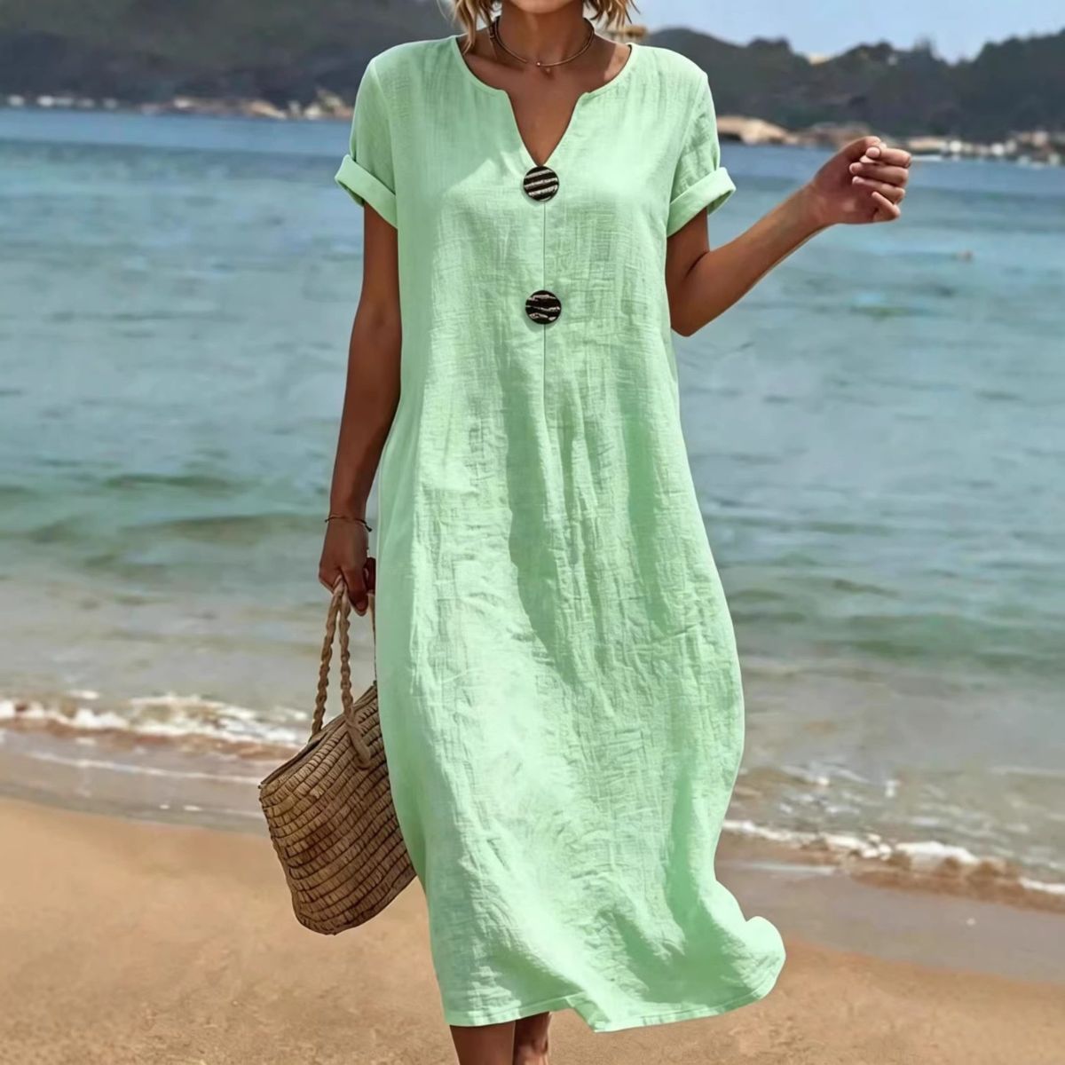 👗Letné ľanovo-bavlnené šaty na dovolenku｜Voľný zoštíhľujúci strih, ľahké a priedušné, elegantné a pohodlné po celý deň【S-3XL】