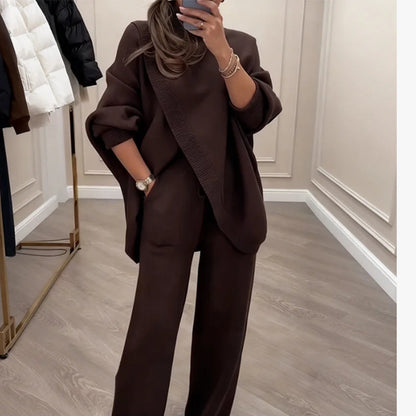 ¡49% de descuento! ¡Novedad! Conjunto de dos piezas para mujer: suéter asimétrico + pantalón ancho, corte holgado, tela suave y súper cómodo. 👚 Envío gratis.