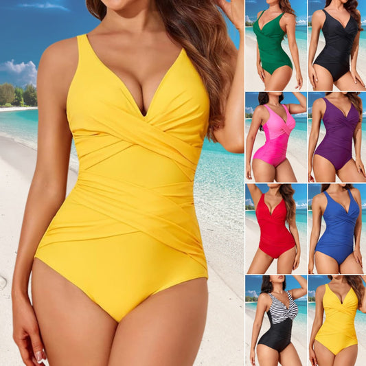 🔥🩱🌴【S-2XL】Traje de baño de una pieza cómodo de color sólido para mujer nuevo de verano 2025 con cuello en V de secado rápido 