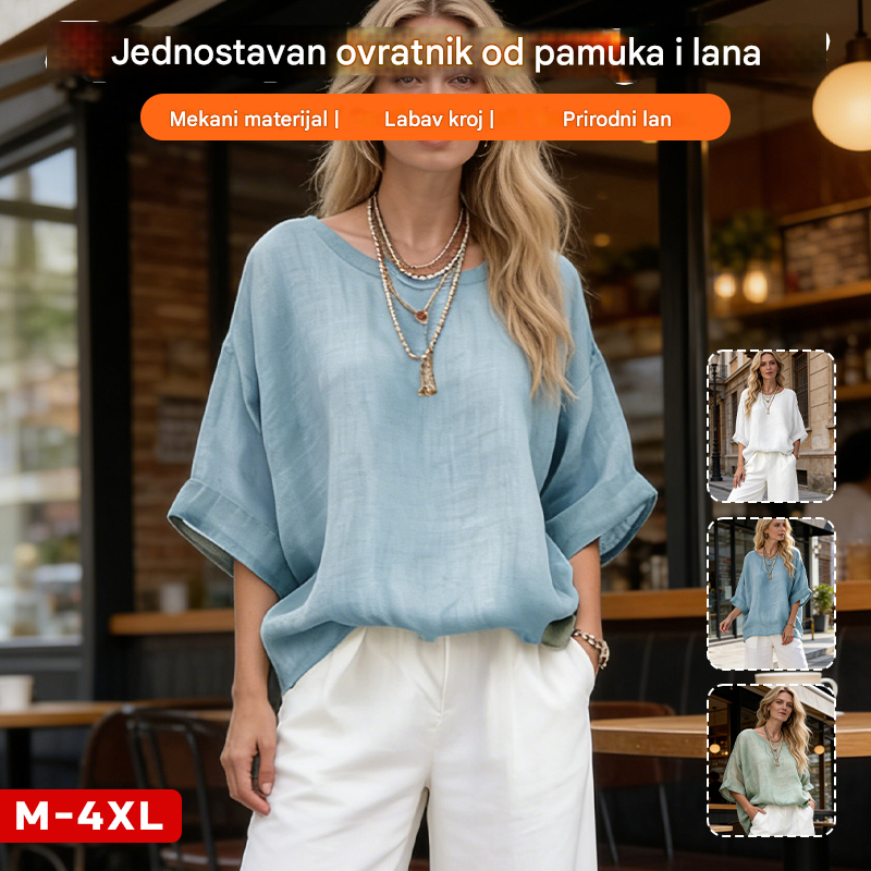 🔥🌸【45-100 kg】Nova ženska jednobojna pamučno-lanena košulja s okruglim izrezom, široki kroj, plus veličina, umjetnički retro stil