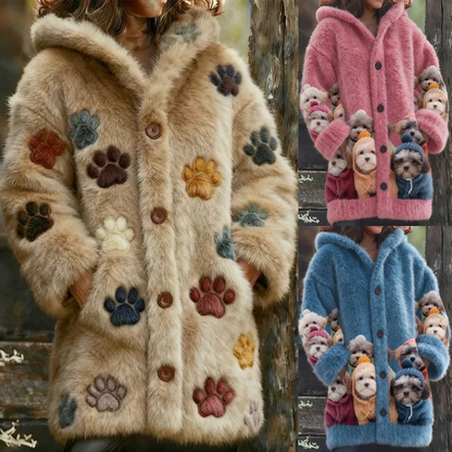 🔥🐾【Časovno omejen popust -50%】 Ženski eleganten in ljubek plašč s kapuco in živalskim potiskom, popoln za jesen in zimo 🧥✨-E