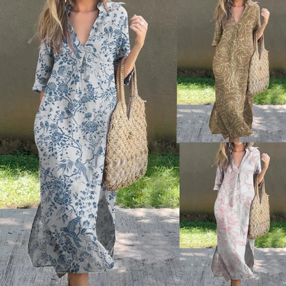 👗🌷2024 nuevo vestido casual ancho de verano con escote en V y estampado--3707073 