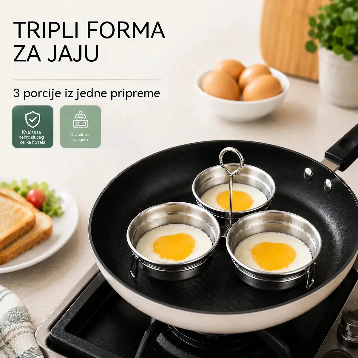 Posuda za jaja od nehrđajućeg čelika za poširana i pržena jaja – set od 3 posude u obliku srca/krugova, idealna za doručak, deserte i torte 🍳🍳🍳