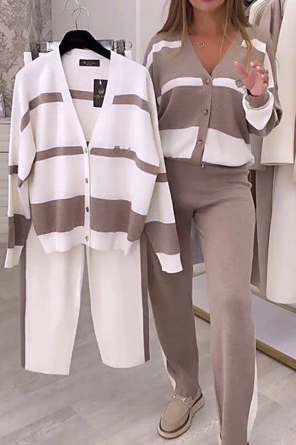 🐏👕👖Kupite 1 in dobite 1 gratis 🔥 Moderen kontrastni pleteni pulover, dvodelni komplet 【pletena jopica + dolge hlače】