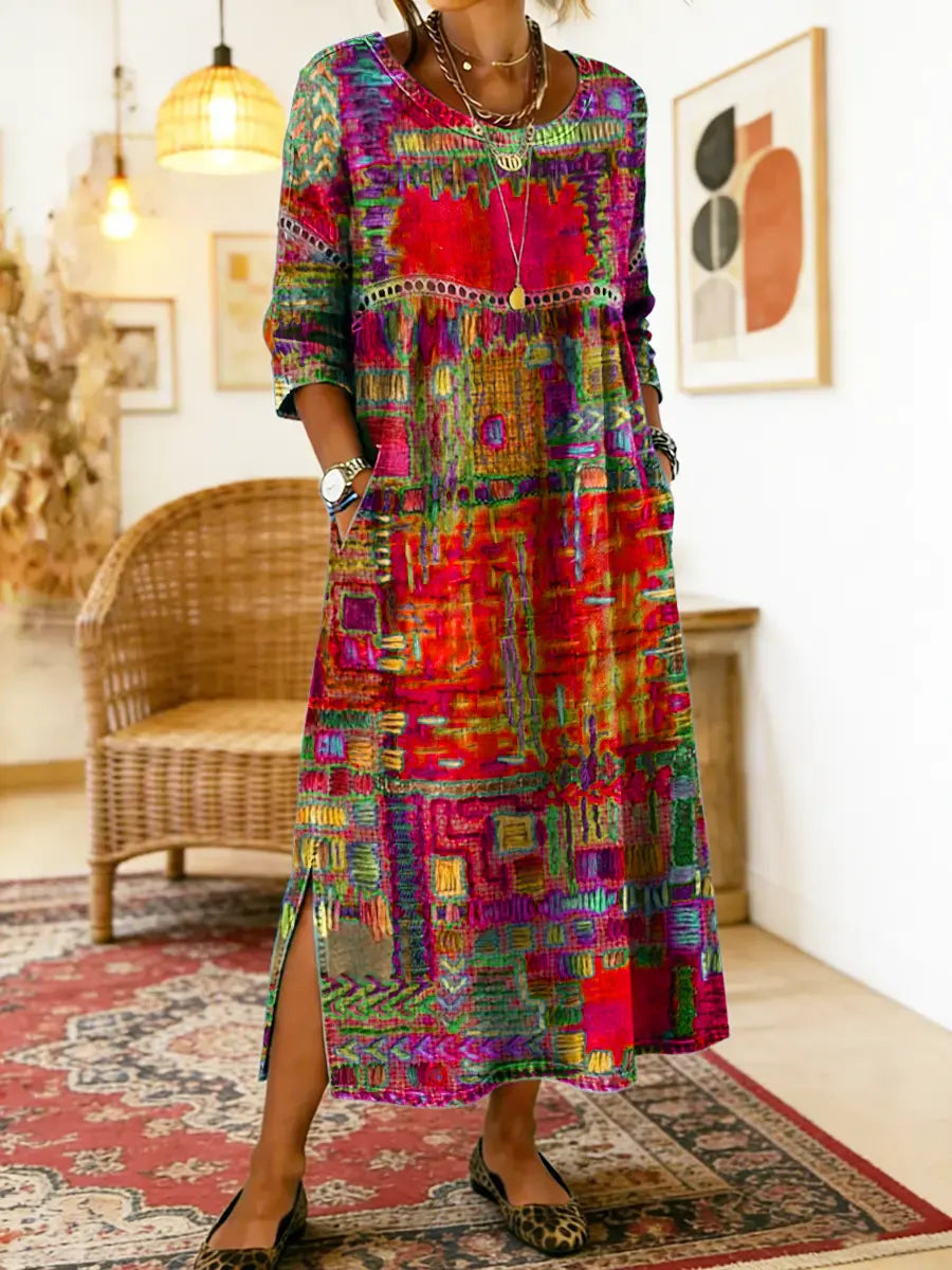 Manuela | Vestido Maxi Bohemio con Estampado de Patchwork Étnico-4303907