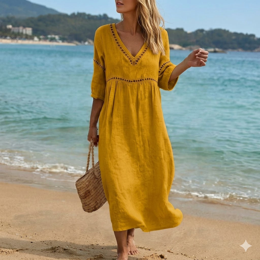 👗【S-3XL】Letné módne bavlneno-ľanové šaty s výstrihom do V, priedušné, pohodlné a nepoddajné