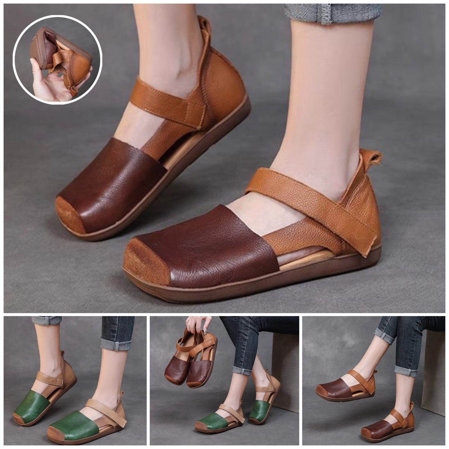 🔥👡【Kupite jedan, drugi dobijete gratis】💃【35-40】😇Ženske sandale s ravnim potplatom, retro kvadratnog vrha, od prvog sloja kože, nova ljetna kolekcija