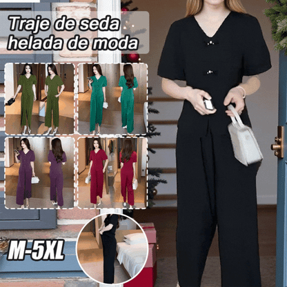🌸【Camiseta + Pantalones de pierna ancha】Un elegante conjunto de inspiración retro con una caída fluida, confeccionado en un tejido de seda fresco: refrescante, elegante e increíblemente cómodo✨