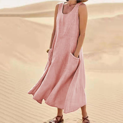 🌈【S-5XL】Nova ljetna pamučna tencel elegantna haljina bez rukava s okruglim izrezom (11 boja)