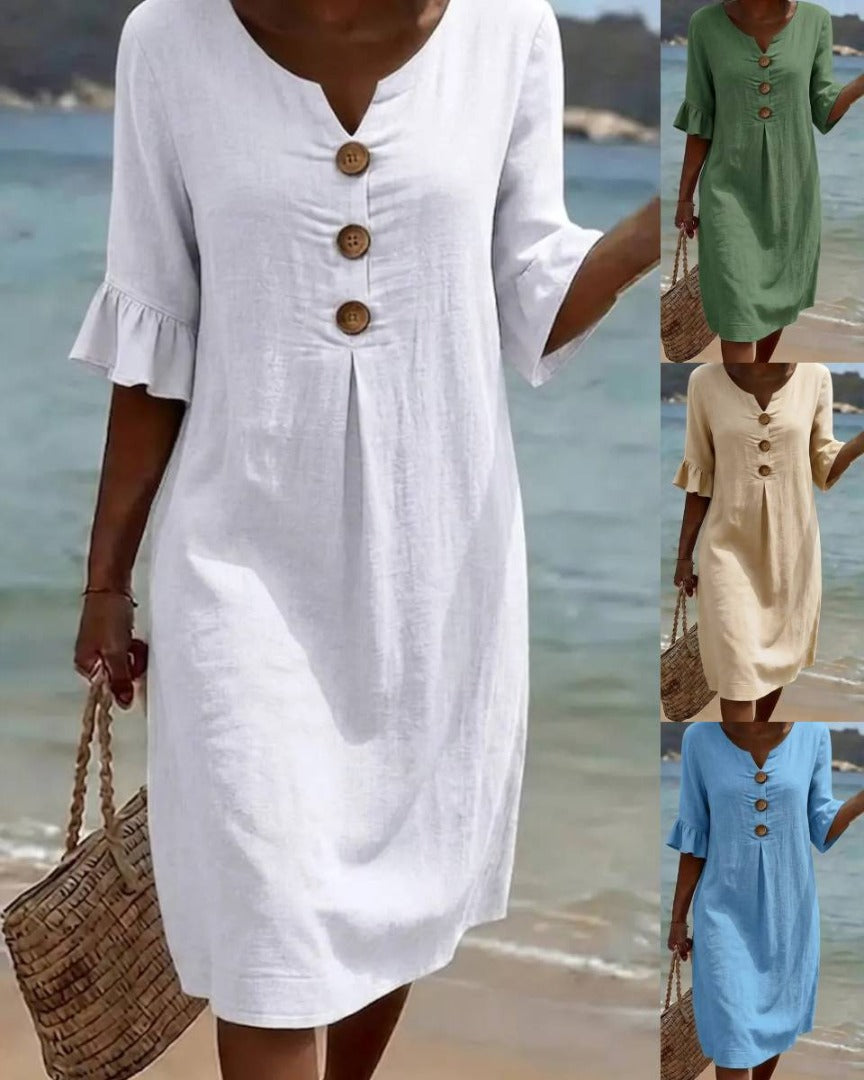 ✨【S-3XL】Vestido de lino y algodón para mujer, con mangas abullonadas y diseño con botones, corte holgado que estiliza la figura y aporta elegancia