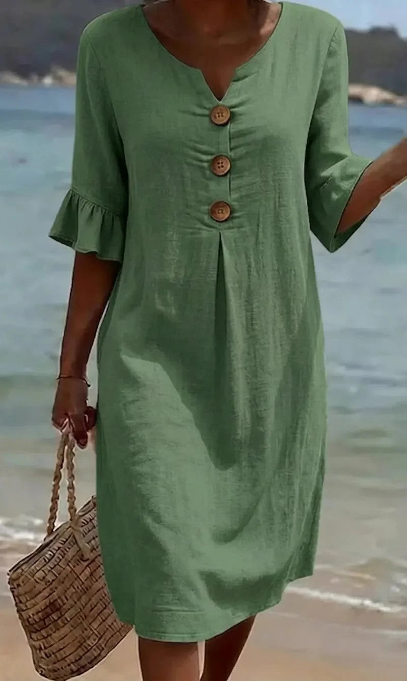 ✨【S-3XL】Vestido de lino y algodón para mujer, con mangas abullonadas y diseño con botones, corte holgado que estiliza la figura y aporta elegancia