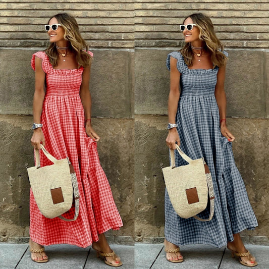 👗💥Vruća rasprodaja novog modela s popustom od 47% [S-3XL] mekana pamučna ženska ležerna karirana haljina bez rukava s velikom suknjom
