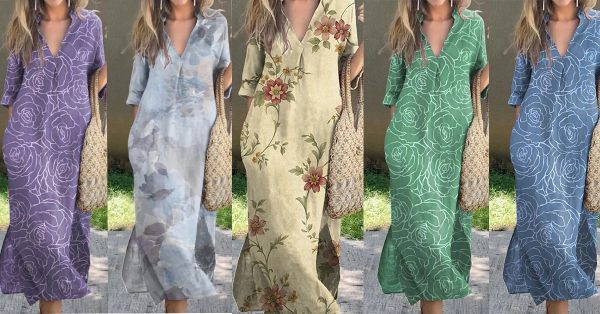 👗🌷2024 nuevo vestido casual ancho de verano con escote en V y estampado--3707073 