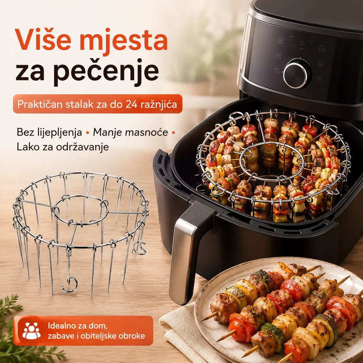 🍖🍗 Rešetka od nehrđajućeg čelika 304 s 24 ražnjića, za fritezu na vrući zrak – besplatna dostava – plaćanje pouzećem