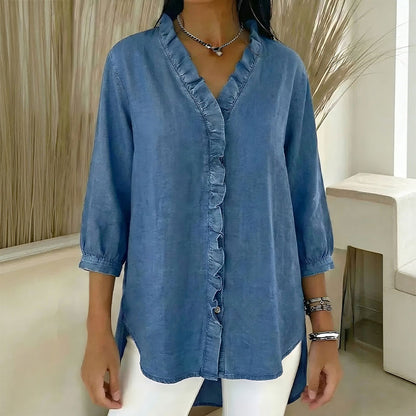 🔥 Plaćanje pouzećem ✅️【40-100kg】Ženska ležerna traper košulja s V-izrezom i volanima