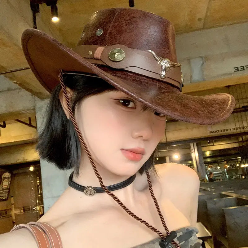 🤠Iskoristite 50% popusta! 🌟Retro kaubojski šešir širokog oboda s remenom za kapuljaču - fedora u zapadnjačkom stilu s iznošenim rubom