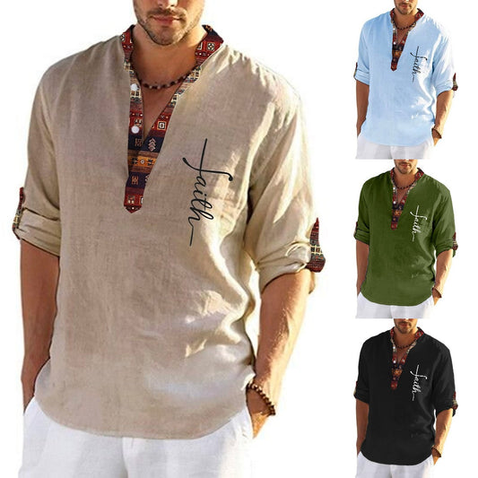 🔥Vremenski ograničena akcija🔥Muška posteljina, pamučna košulja s printom i V izrezom -3721976