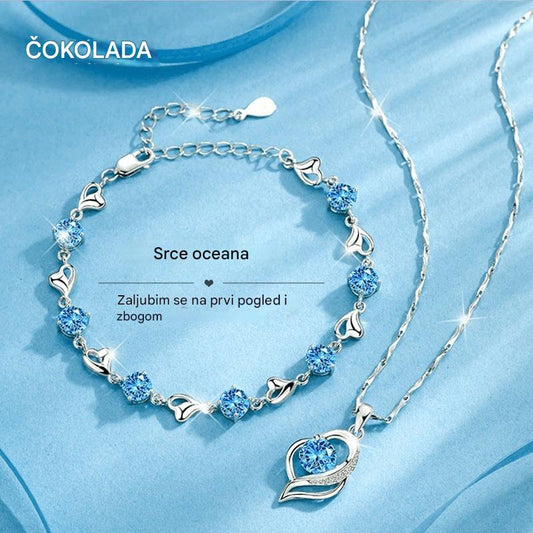 ✨Sezona vruća rasprodaja💎Komplet narukvice i ogrlice od 925 srebra s uzorkom oceanskog srca
