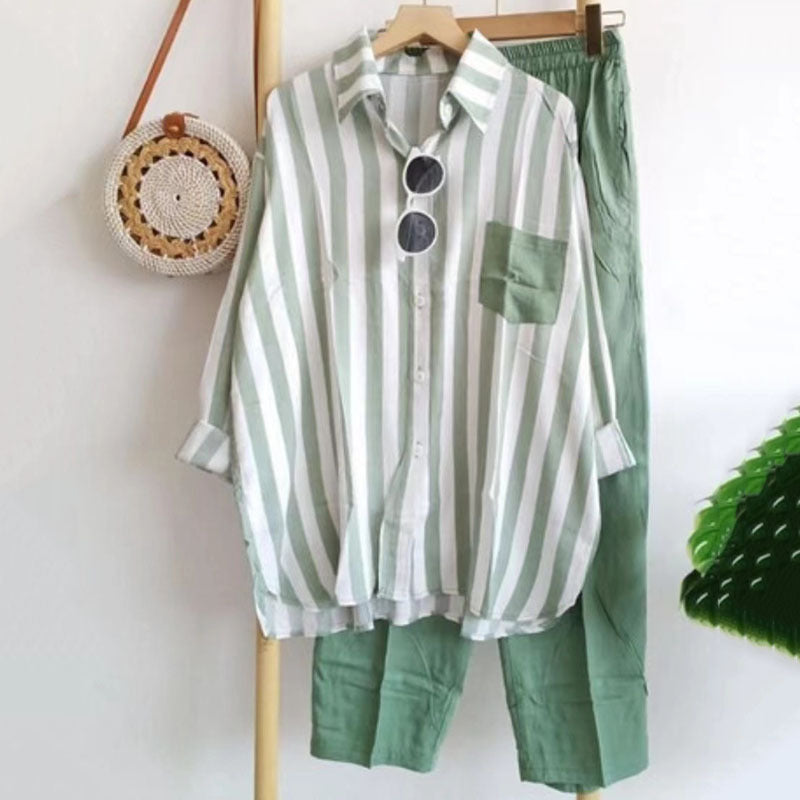 💖Najniža cijena ograničeno vrije🌸【S-5XL】🥼Nueva conjunto de primavera a rayas, conjunto de dos piezas con mangas largas y pantalones.