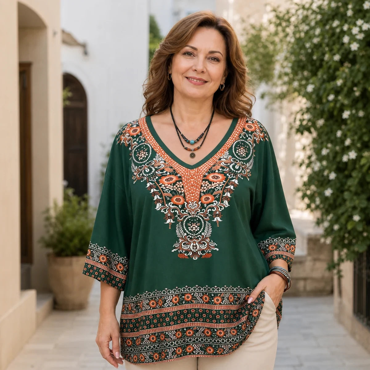 SHEHOY|Elegantna ženska bluza s boho printom i V-izrezom, široki kroj, retro etnički stil, fin i cool materijal【XL-5XL】