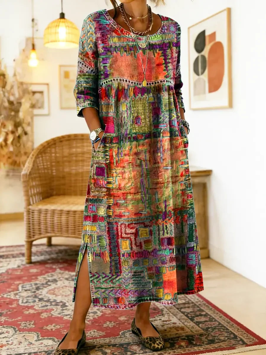 ✨ Zadnji dan s 50% popusta!【S-5XL】Retro ljetna haljina s okruglim izrezom i printom - lagana, prozračna, stagnira i jednostavna za stiliziranje.