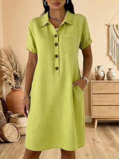 ⏰🍋【S-3XL】Ženska košulja haljina od mješavine lana i pamuka, kratki rukavi, široki kroj, s džepovima, ljetna haljina za posao i godišnji odmor