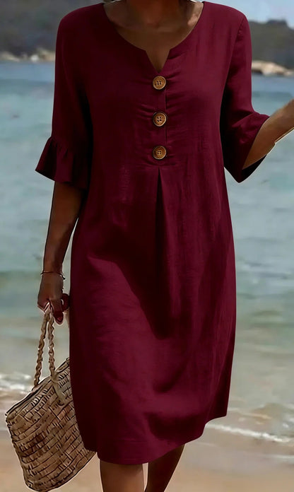 ✨【S-3XL】Vestido de lino y algodón para mujer, con mangas abullonadas y diseño con botones, corte holgado que estiliza la figura y aporta elegancia