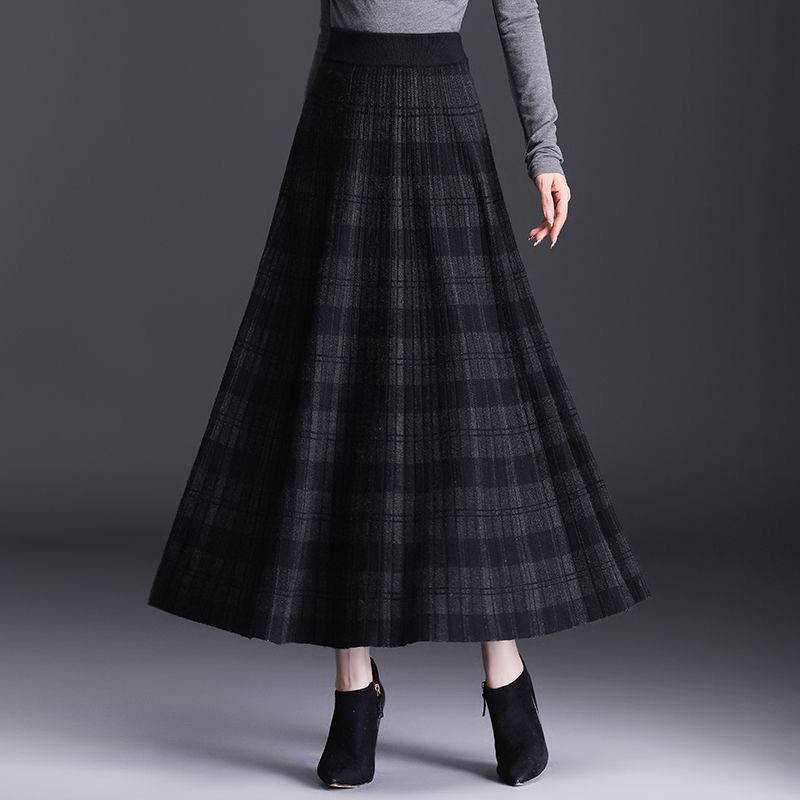 🔥🔥【M-4XL】Falda larga de lana tejida gruesa a cuadros--3761807 