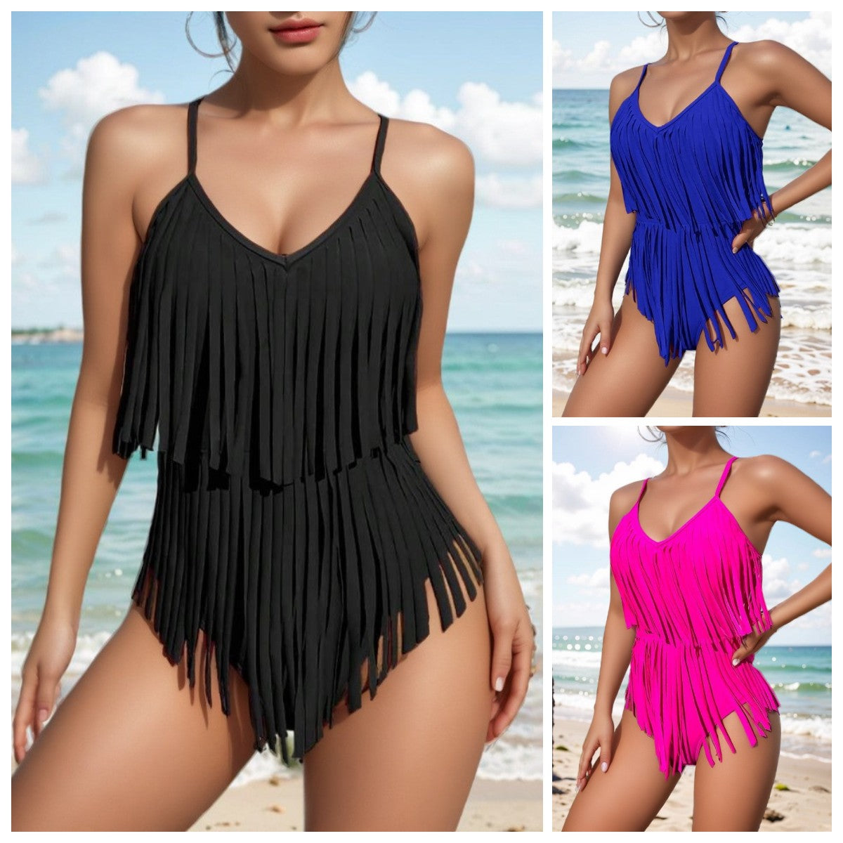 😍👙2024. [Gran oferta] Traje de baño de una pieza sin espalda con borlas y escote en V - 3691289 