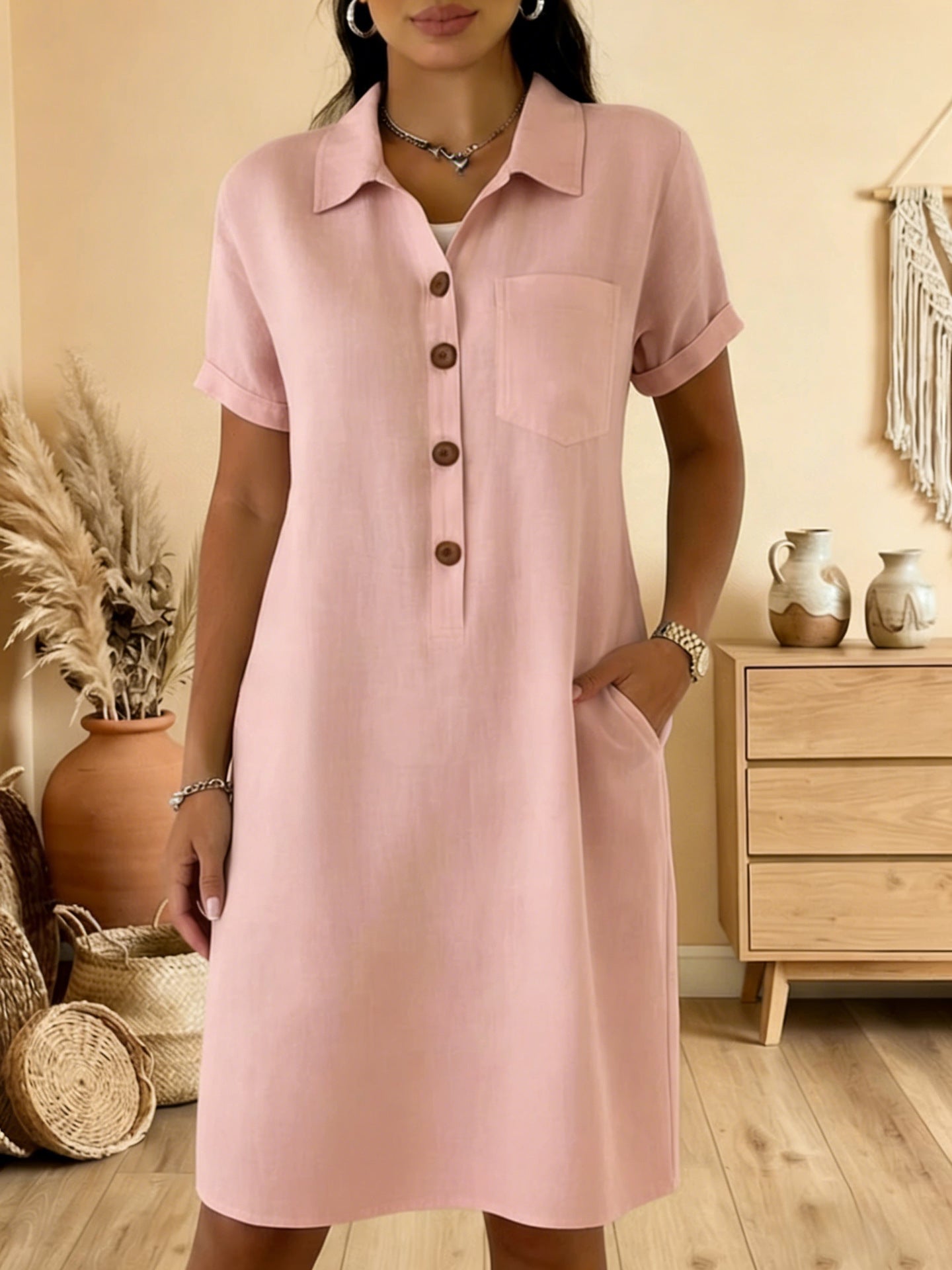 ⏰🍋【S-3XL】Ženska košulja haljina od mješavine lana i pamuka, kratki rukavi, široki kroj, s džepovima, ljetna haljina za posao i godišnji odmor