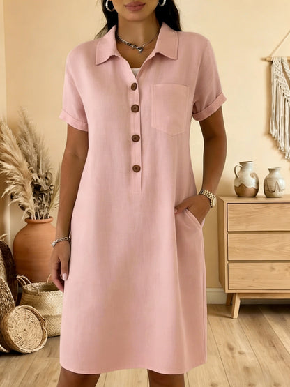 ⏰🍋【S-3XL】Ženska košulja haljina od mješavine lana i pamuka, kratki rukavi, široki kroj, s džepovima, ljetna haljina za posao i godišnji odmor
