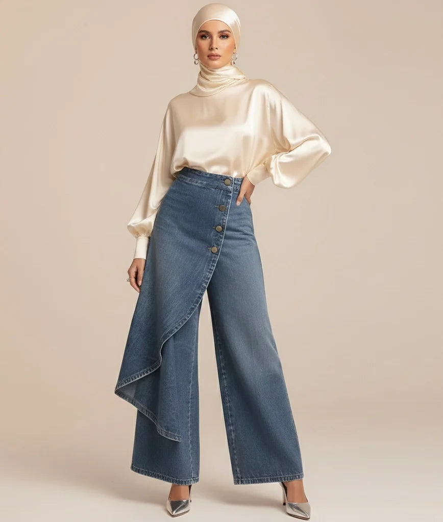 🥇 Vaqueros de cintura alta y pernera ancha para mujer, ajuste holgado con diseño elegante