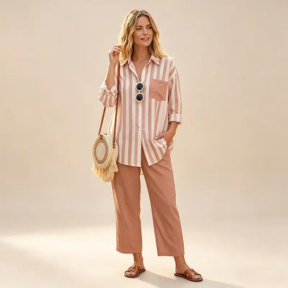 💖Najniža cijena ograničeno vrije🌸【S-5XL】🥼Nueva conjunto de primavera a rayas, conjunto de dos piezas con mangas largas y pantalones.